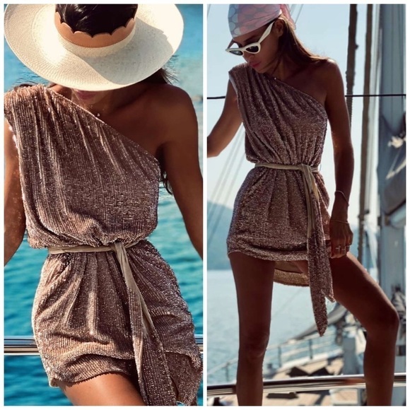 Retrofete Ella Sequin One Shoulder Mini Dress in Bronze Gold Metallic Cocktail - Picture 1 of 9